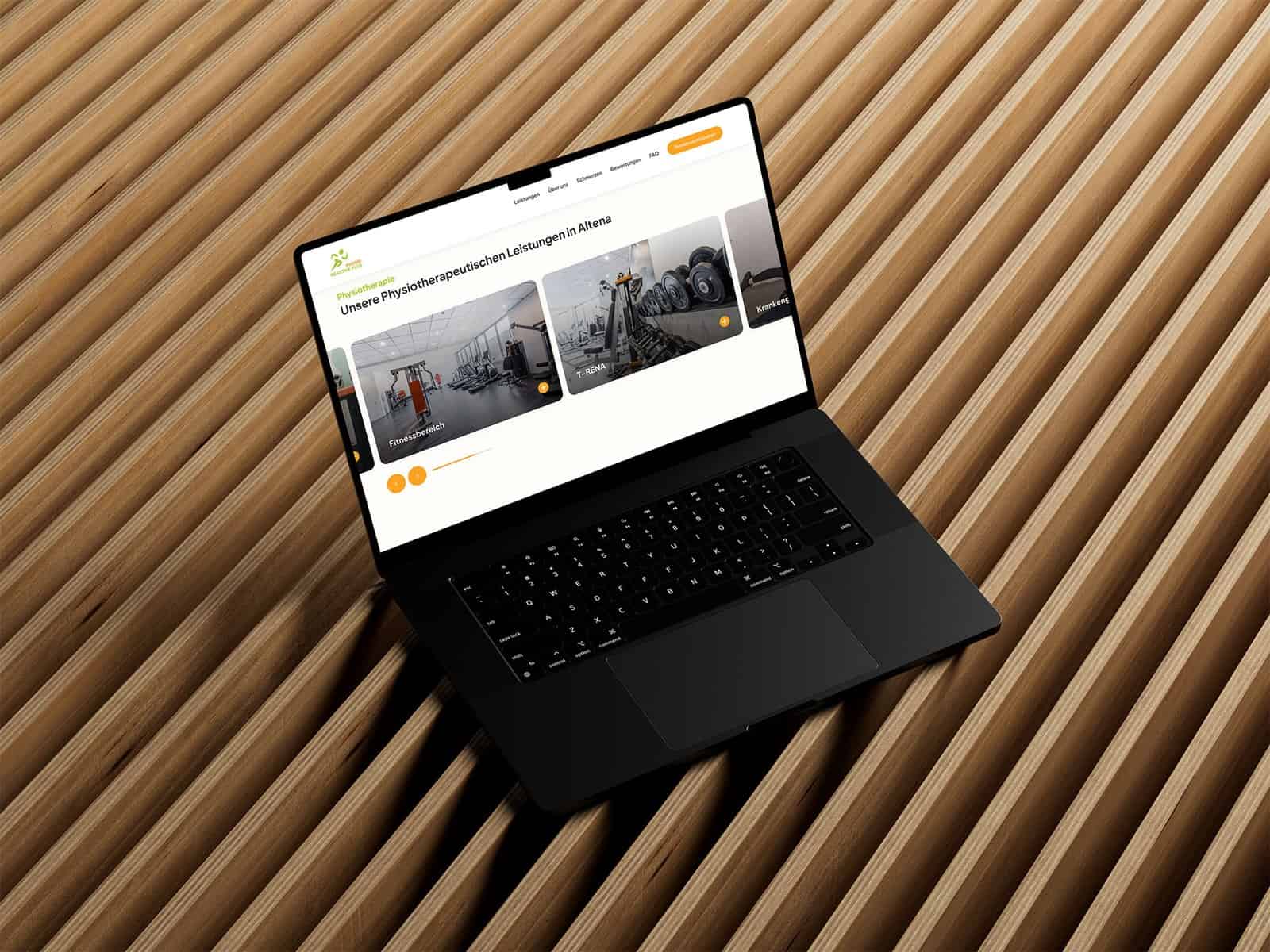 Laptop Ansicht des Physio Reactive Plus Onepagers für Physiotherapie in Altena